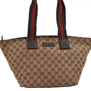 Authentic GUCCI Web Sherry Line Tote Bag GG Canvas Leather 131230 Brown 3311J